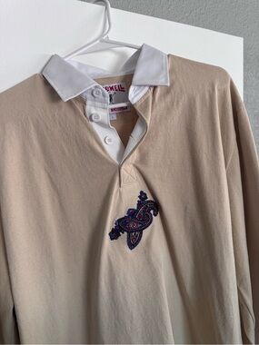 Birdwell x Noah Beige Rugby Polo with White Collar and Paisley Embroidery